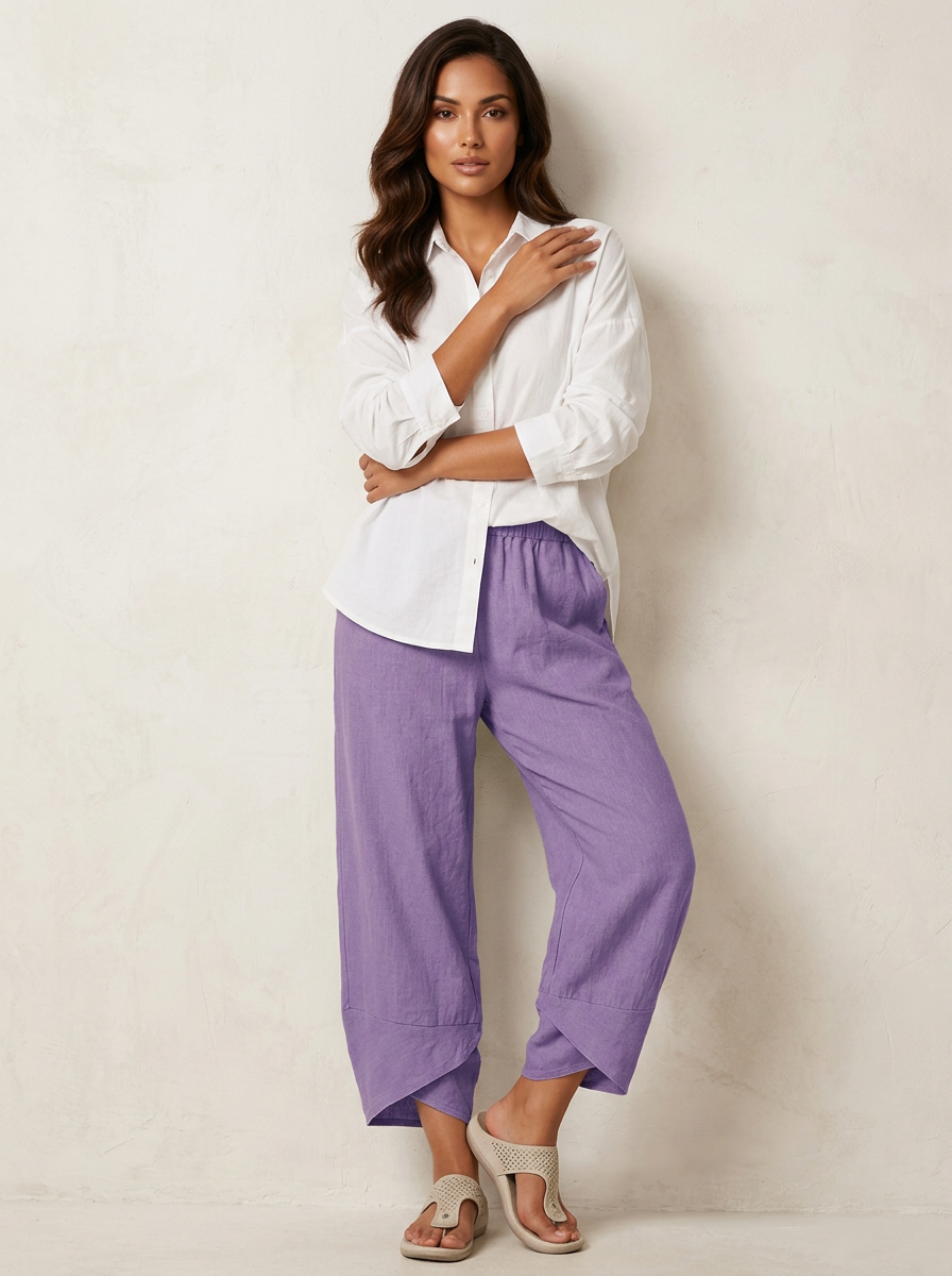 Khaki Barrel Leg Trousers – Women's Relaxed Cropped Linen-Blend Trousers
