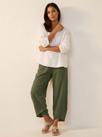 Khaki Barrel Leg Trousers – Women's Relaxed Cropped Linen-Blend Trousers