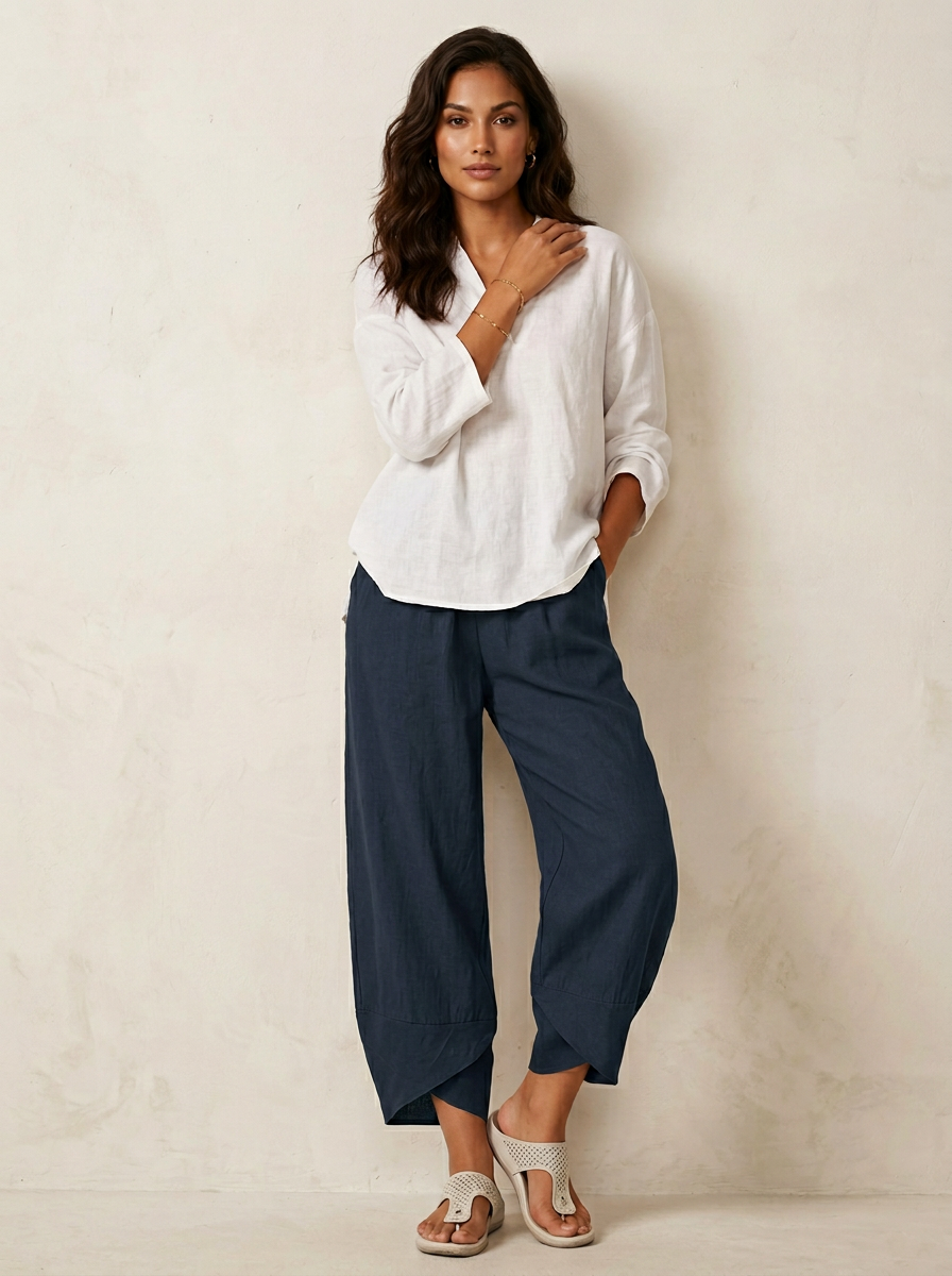 Khaki Barrel Leg Trousers – Women's Relaxed Cropped Linen-Blend Trousers