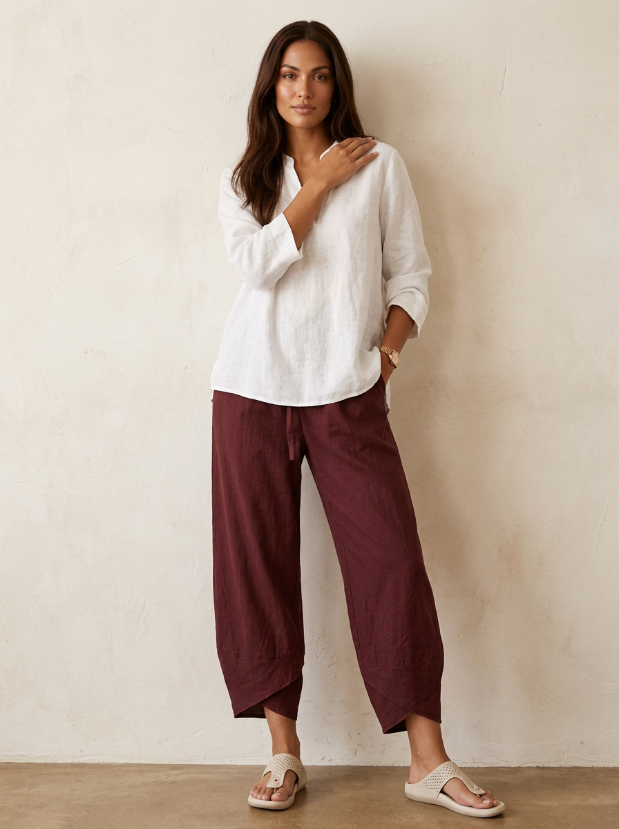 Khaki Barrel Leg Trousers – Women's Relaxed Cropped Linen-Blend Trousers