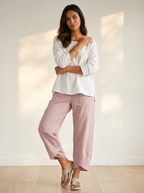 Khaki Barrel Leg Trousers – Women's Relaxed Cropped Linen-Blend Trousers