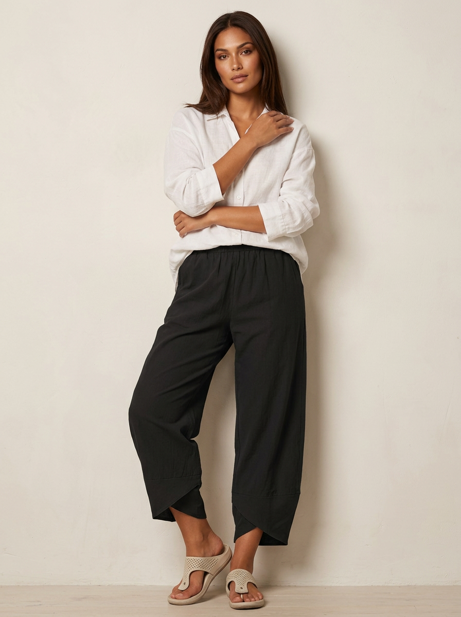 Khaki Barrel Leg Trousers – Women's Relaxed Cropped Linen-Blend Trousers