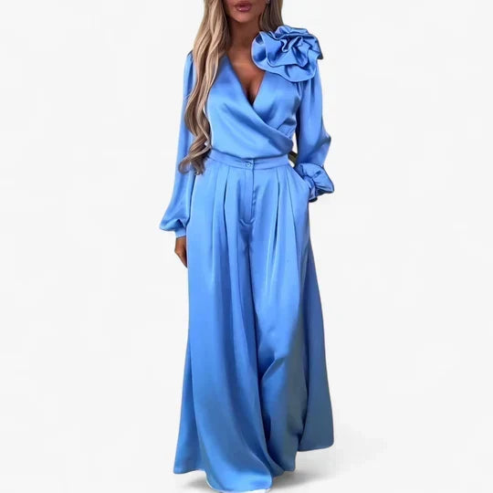 Women's Elegant V-Neck Blouse and Wide Leg Trouser Set