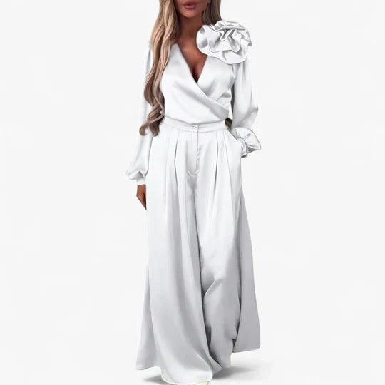 Women's Elegant V-Neck Blouse and Wide Leg Trouser Set
