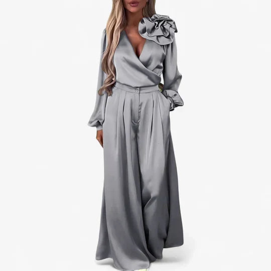 Women's Elegant V-Neck Blouse and Wide Leg Trouser Set