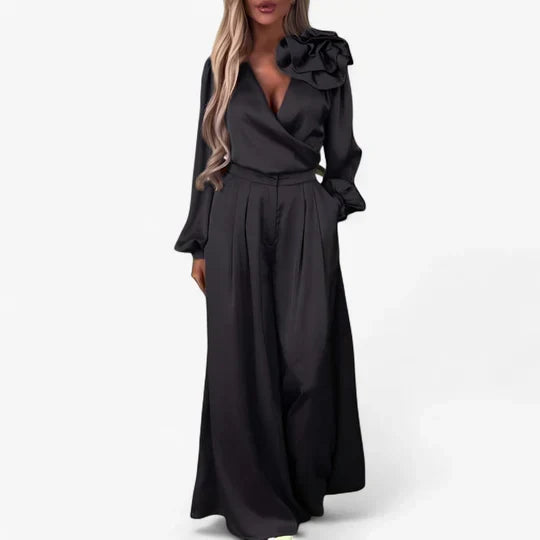 Women's Elegant V-Neck Blouse and Wide Leg Trouser Set