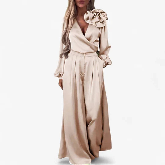 Women's Elegant V-Neck Blouse and Wide Leg Trouser Set