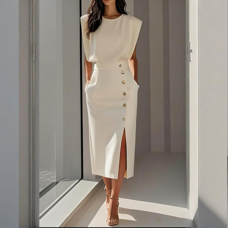 Women's Structured Midi Dress Side Button Detail Split Hem | Meave & Ivy