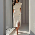 Women's Structured Midi Dress Side Button Detail Split Hem | Meave & Ivy