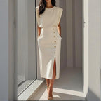 Women's Structured Midi Dress Side Button Detail Split Hem | Meave & Ivy