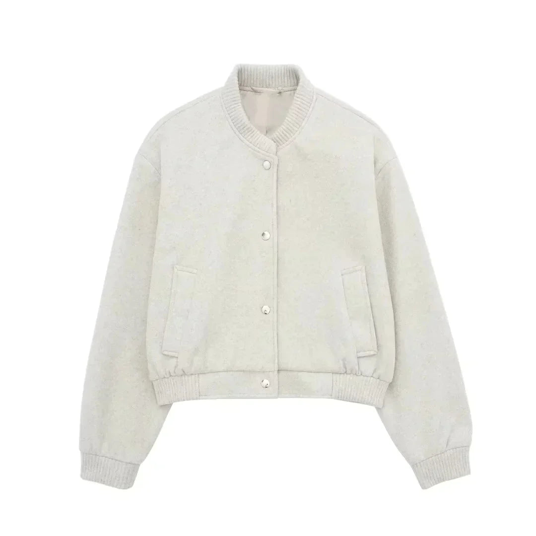 Women's Cropped Bomber Jacket with Ribbed Collar and Snap Button Front