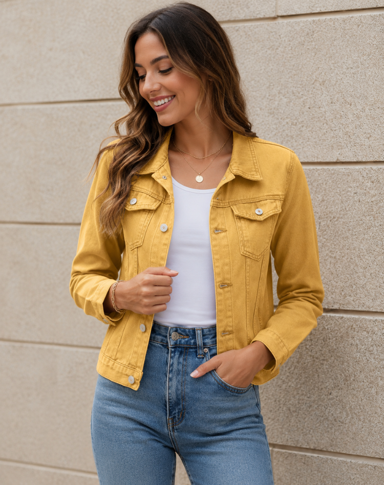 Cropped Denim Jacket with Buttons & Chest Pockets – 7 Colours