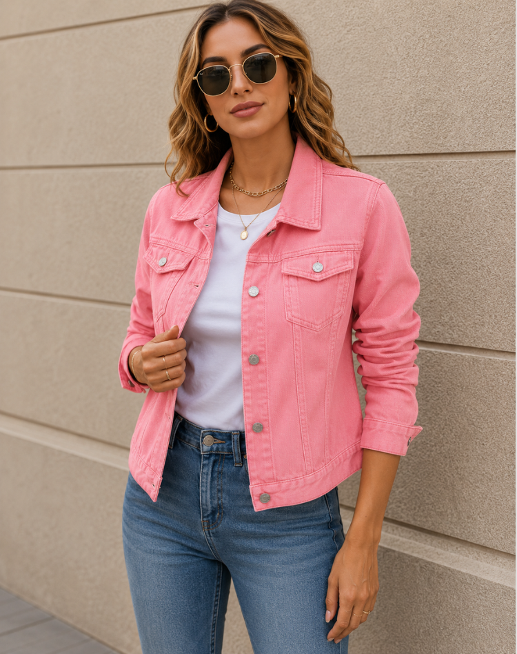 Cropped Denim Jacket with Buttons & Chest Pockets – 7 Colours
