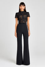 Lace Bodice Jumpsuit with Flared Trousers - Black
