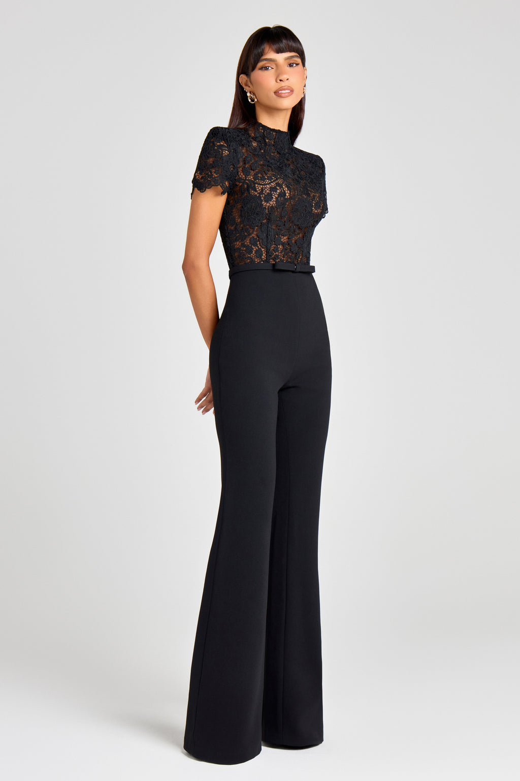 Lace Bodice Jumpsuit with Flared Trousers - Black
