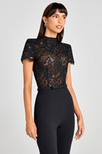 Lace Bodice Jumpsuit with Flared Trousers - Black