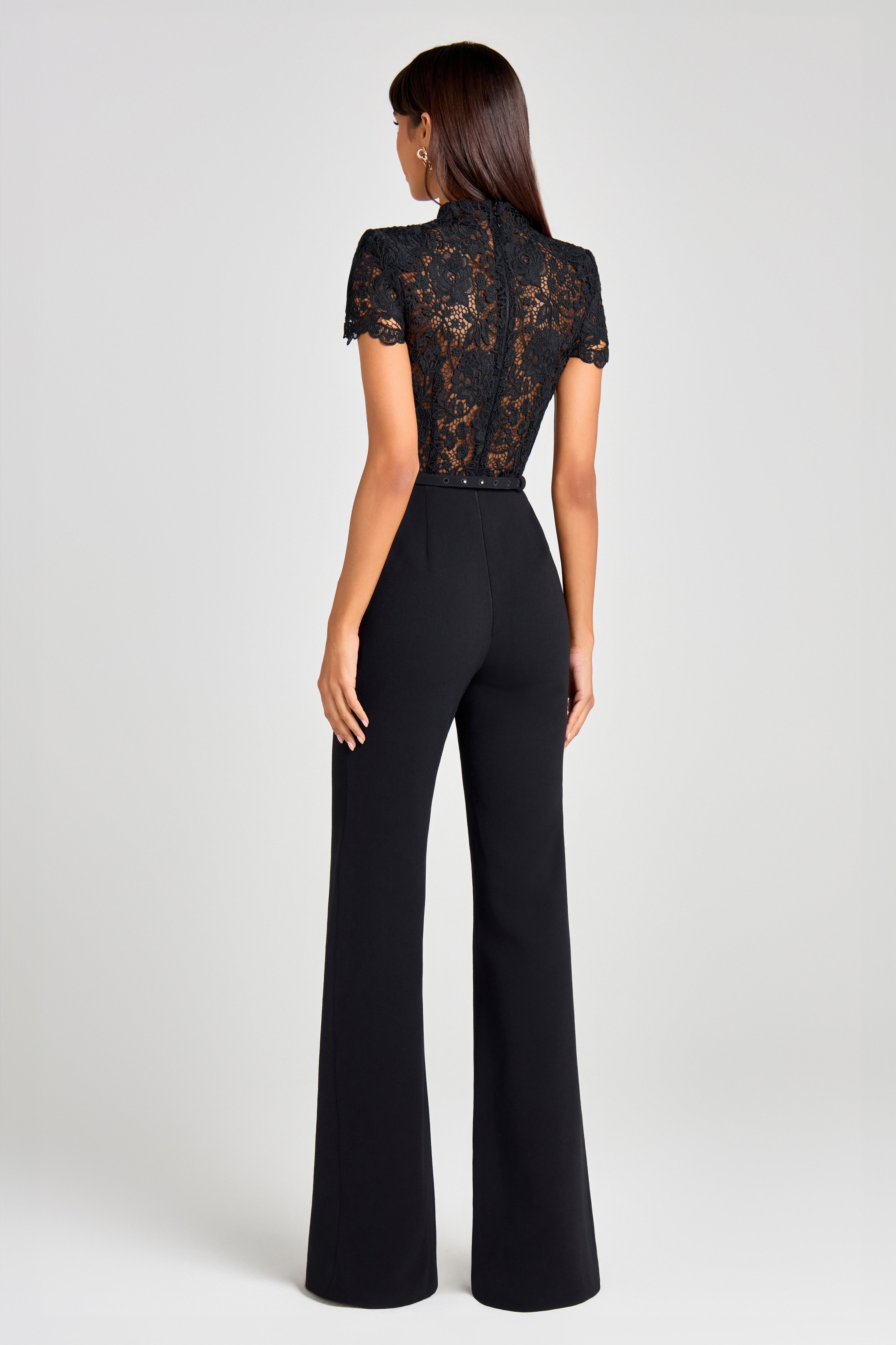Lace Bodice Jumpsuit with Flared Trousers - Black