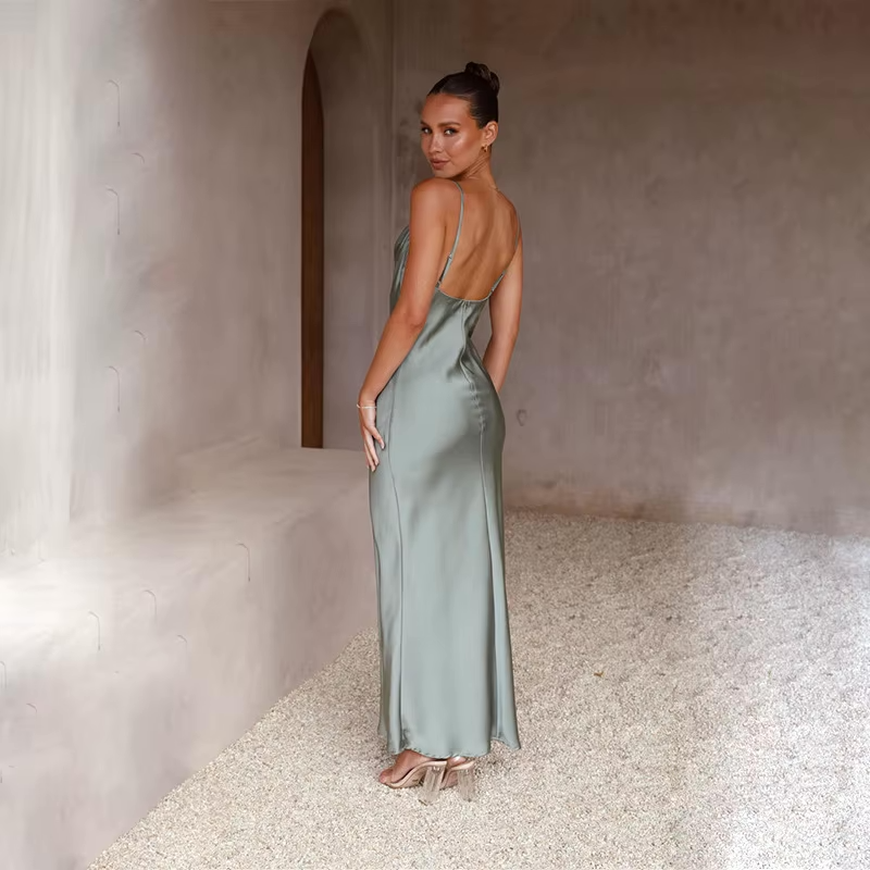 Satin-Touch Maxi Dress with Open Back
