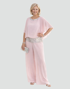 Women's Elegant Two-Piece Wide Leg Trouser Set with Sheer Chiffon Cape