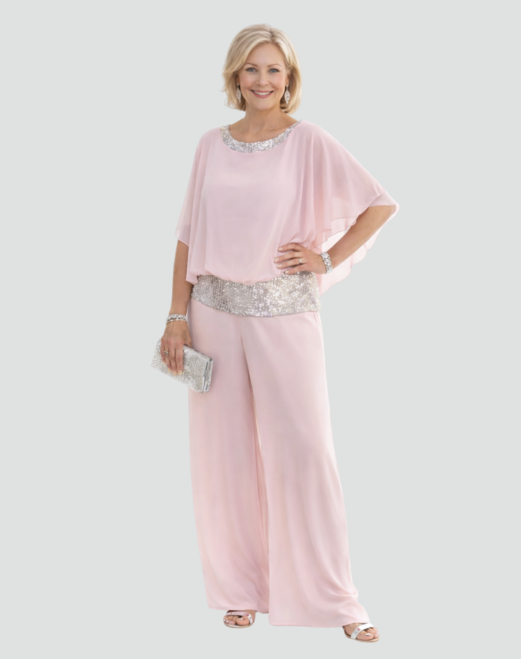 Women's Elegant Two-Piece Wide Leg Trouser Set with Sheer Chiffon Cape