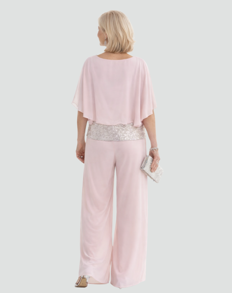 Women's Elegant Two-Piece Wide Leg Trouser Set with Sheer Chiffon Cape