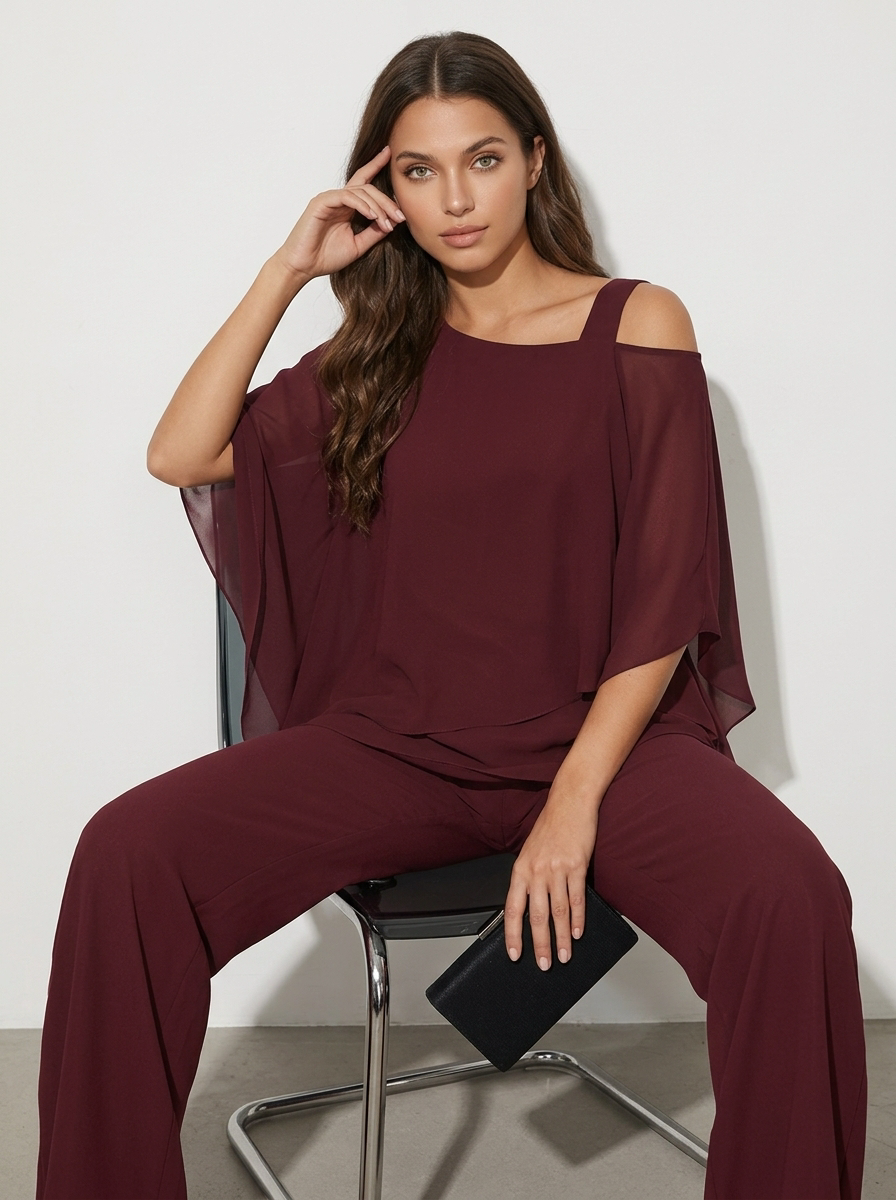Chiffon Cape Overlay Top & Wide Leg Trousers Set – Women's Occasion Co-ord