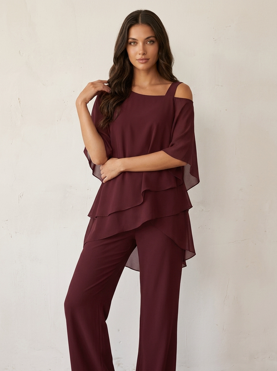 Chiffon Cape Overlay Top & Wide Leg Trousers Set – Women's Occasion Co-ord
