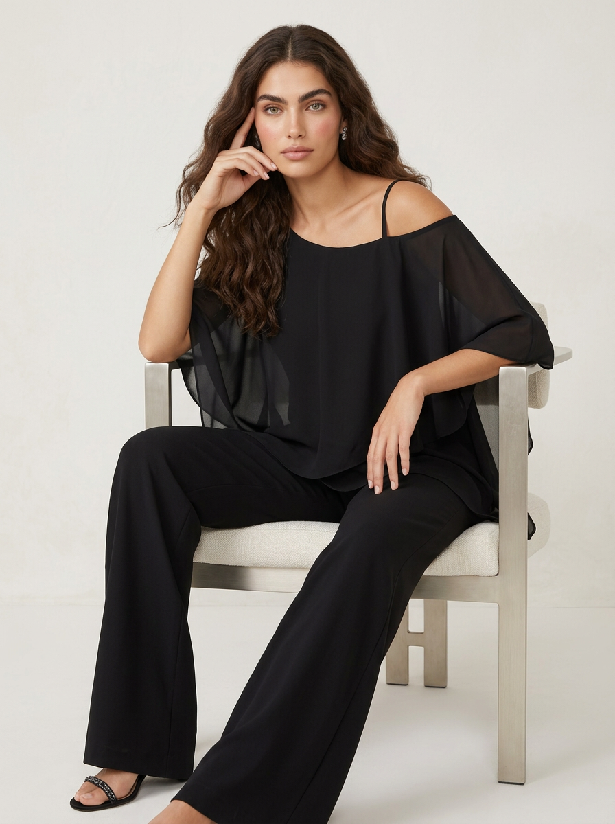 Chiffon Cape Overlay Top & Wide Leg Trousers Set – Women's Occasion Co-ord