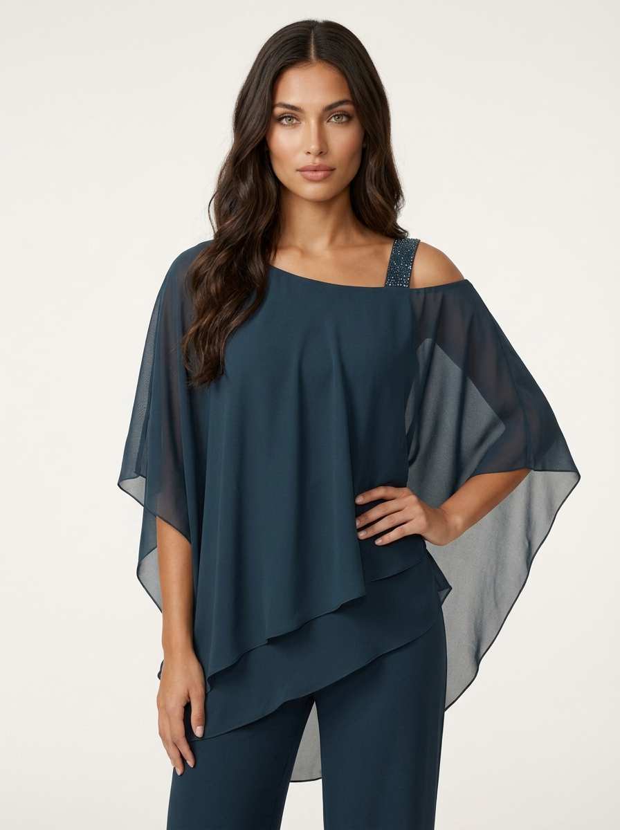 Chiffon Cape Overlay Top & Wide Leg Trousers Set – Women's Occasion Co-ord
