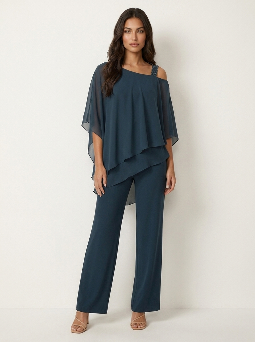 Chiffon Cape Overlay Top & Wide Leg Trousers Set – Women's Occasion Co-ord