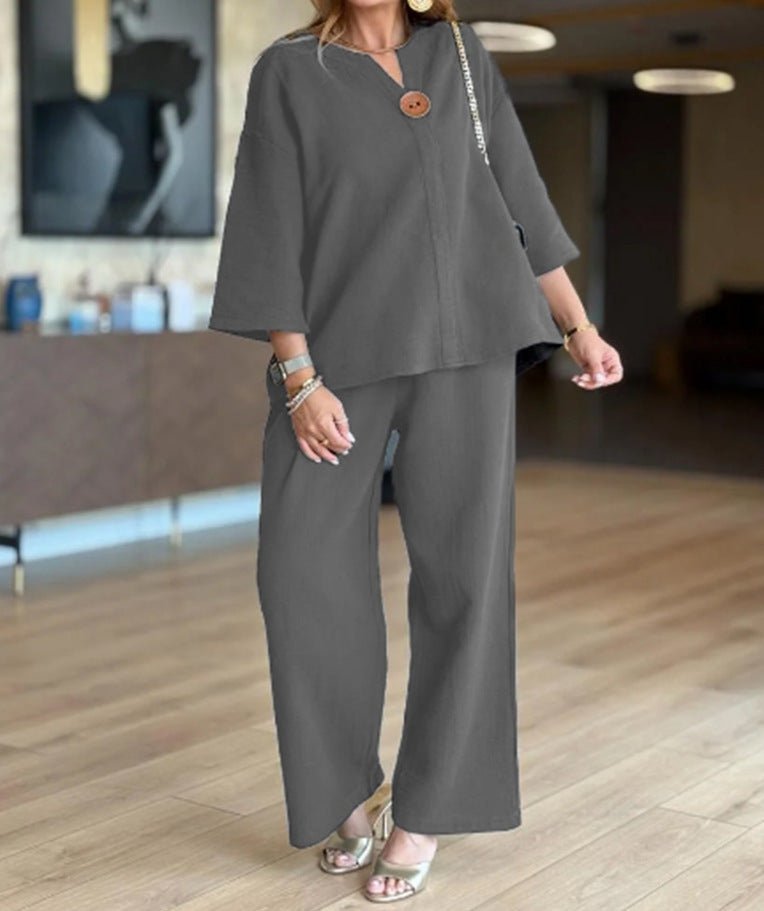 Women's Linen-Look Tunic Co-Ord – Breathable Three-Quarter Sleeve Top