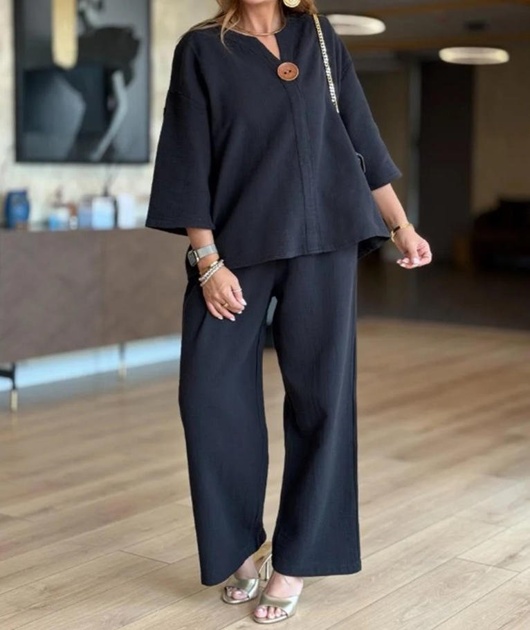 Women's Linen-Look Tunic Co-Ord – Breathable Three-Quarter Sleeve Top