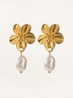 Gold Pearl Blossom Flower Earrings – Floral Drops with Pearl Centre