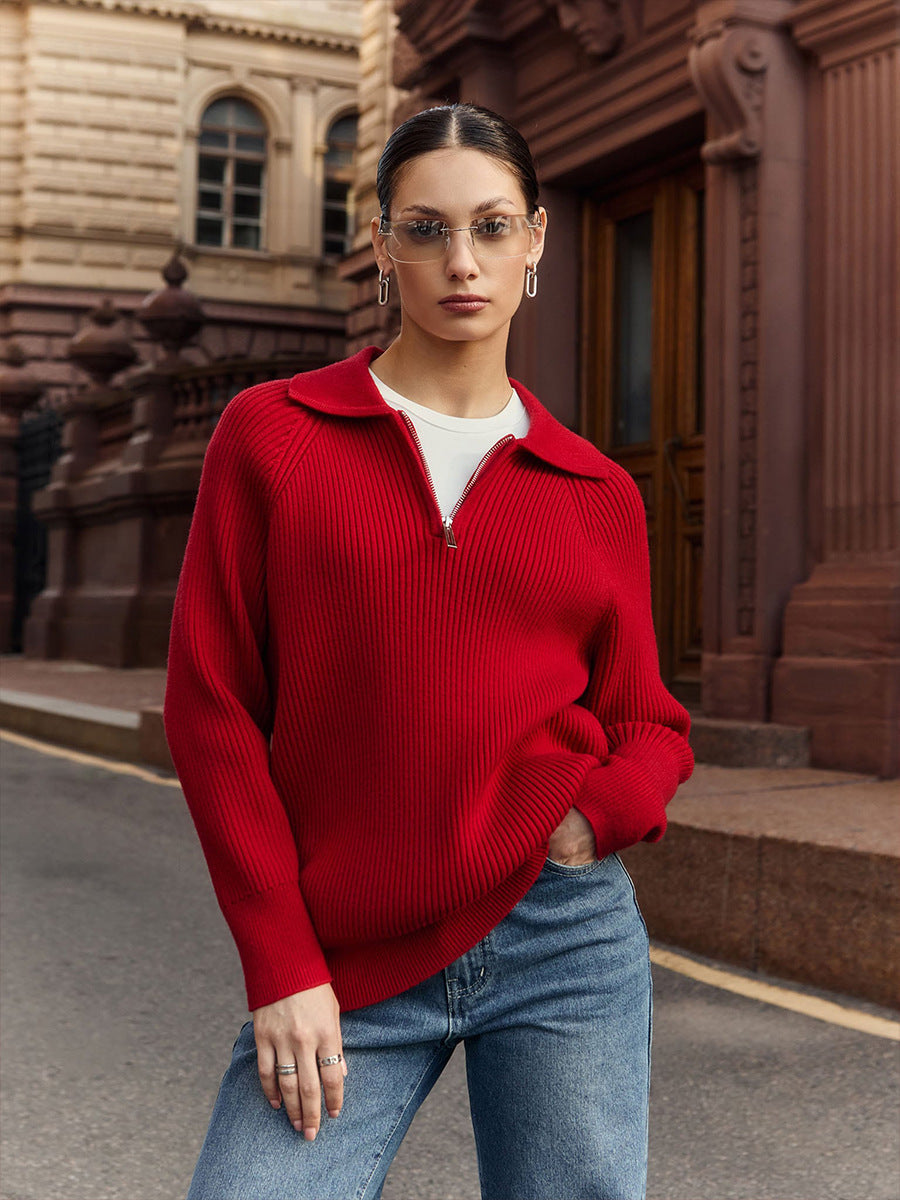 Women's Ribbed Zip-Neck Sweater – Soft Collared Knit