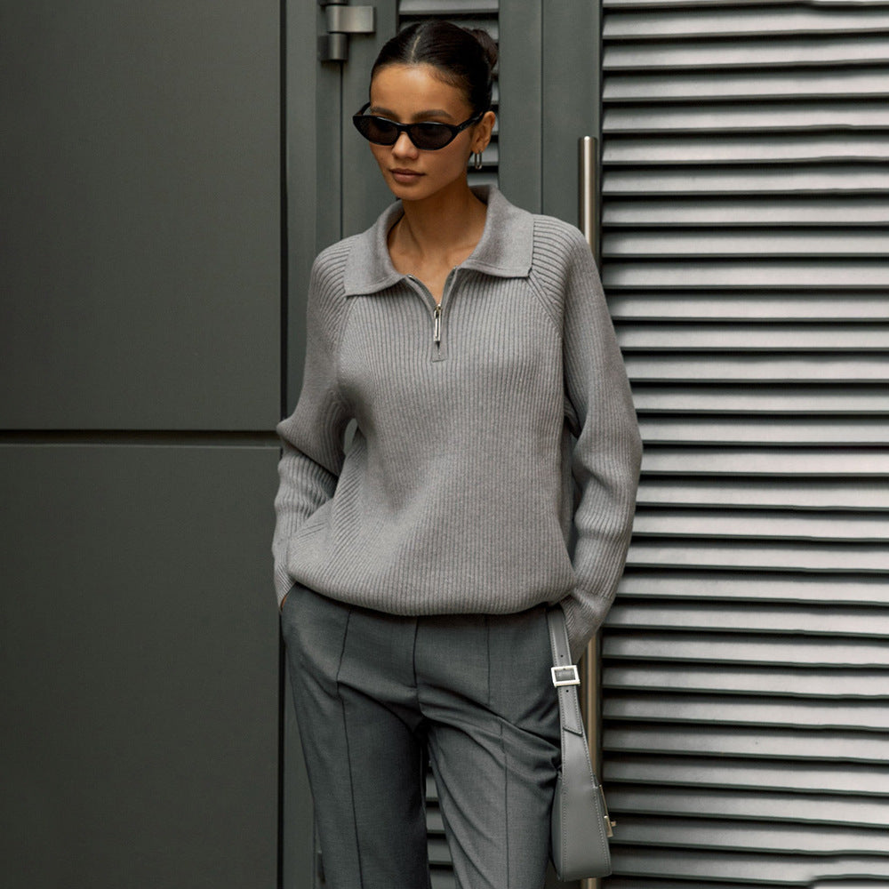 Women's Ribbed Zip-Neck Sweater – Soft Collared Knit