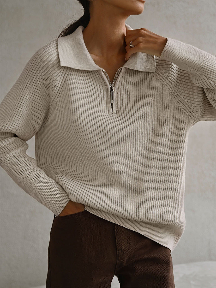 Women's Ribbed Zip-Neck Sweater – Soft Collared Knit
