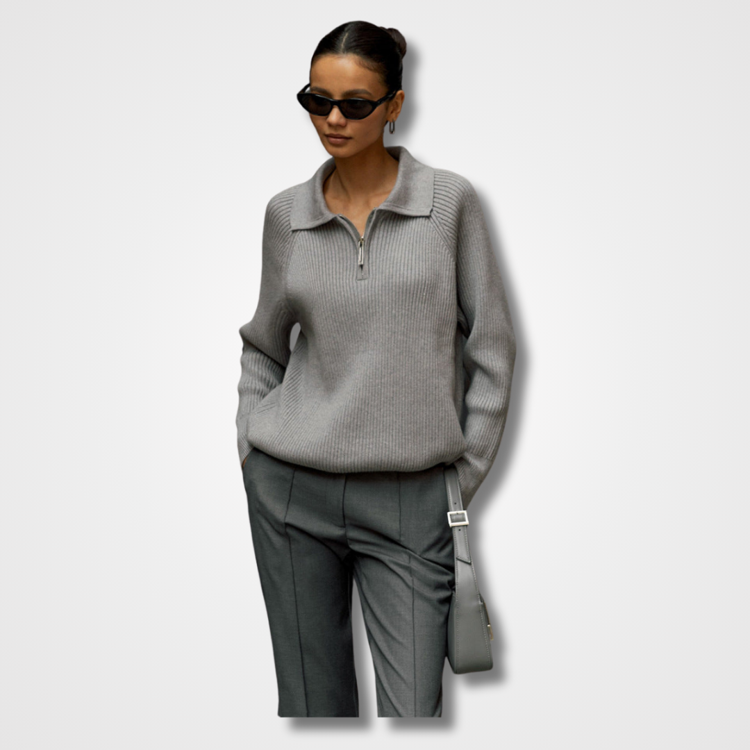 Women's Ribbed Zip-Neck Sweater – Soft Collared Knit