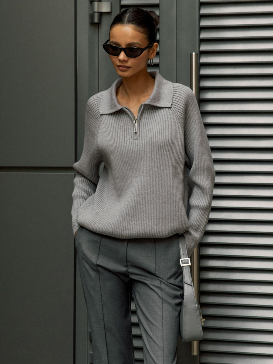Women's Ribbed Zip-Neck Sweater – Soft Collared Knit