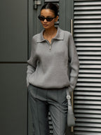 Women's Ribbed Zip-Neck Sweater – Soft Collared Knit