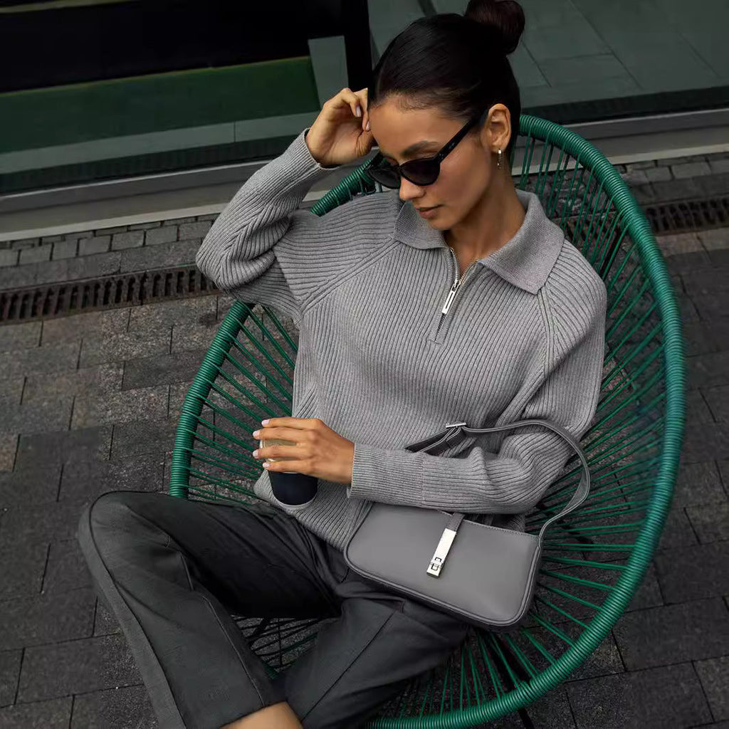 Women's Ribbed Zip-Neck Sweater – Soft Collared Knit
