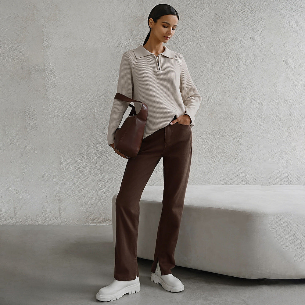Women's Ribbed Zip-Neck Sweater – Soft Collared Knit