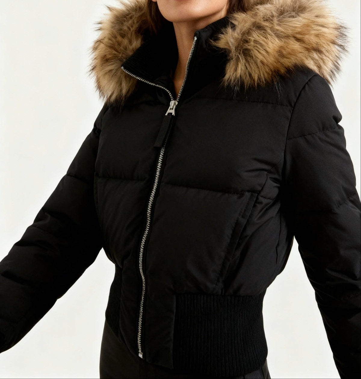 Women's Quilted Bomber Jacket with Plush-Trimmed Hood and Zip Front
