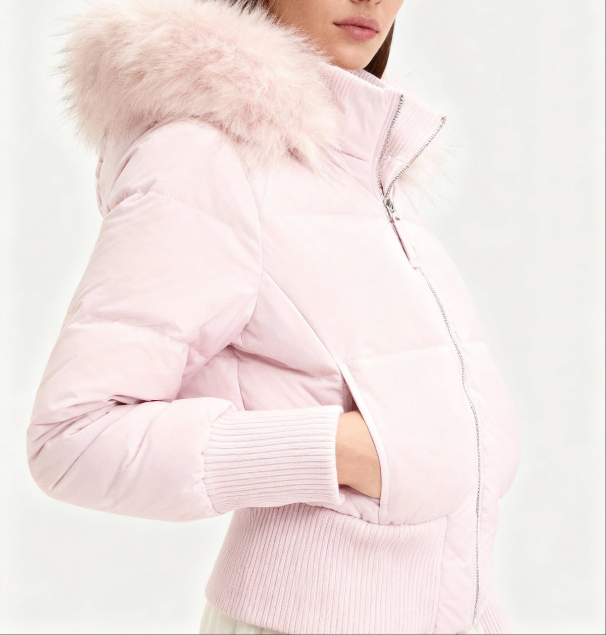Women's Quilted Bomber Jacket with Plush-Trimmed Hood and Zip Front