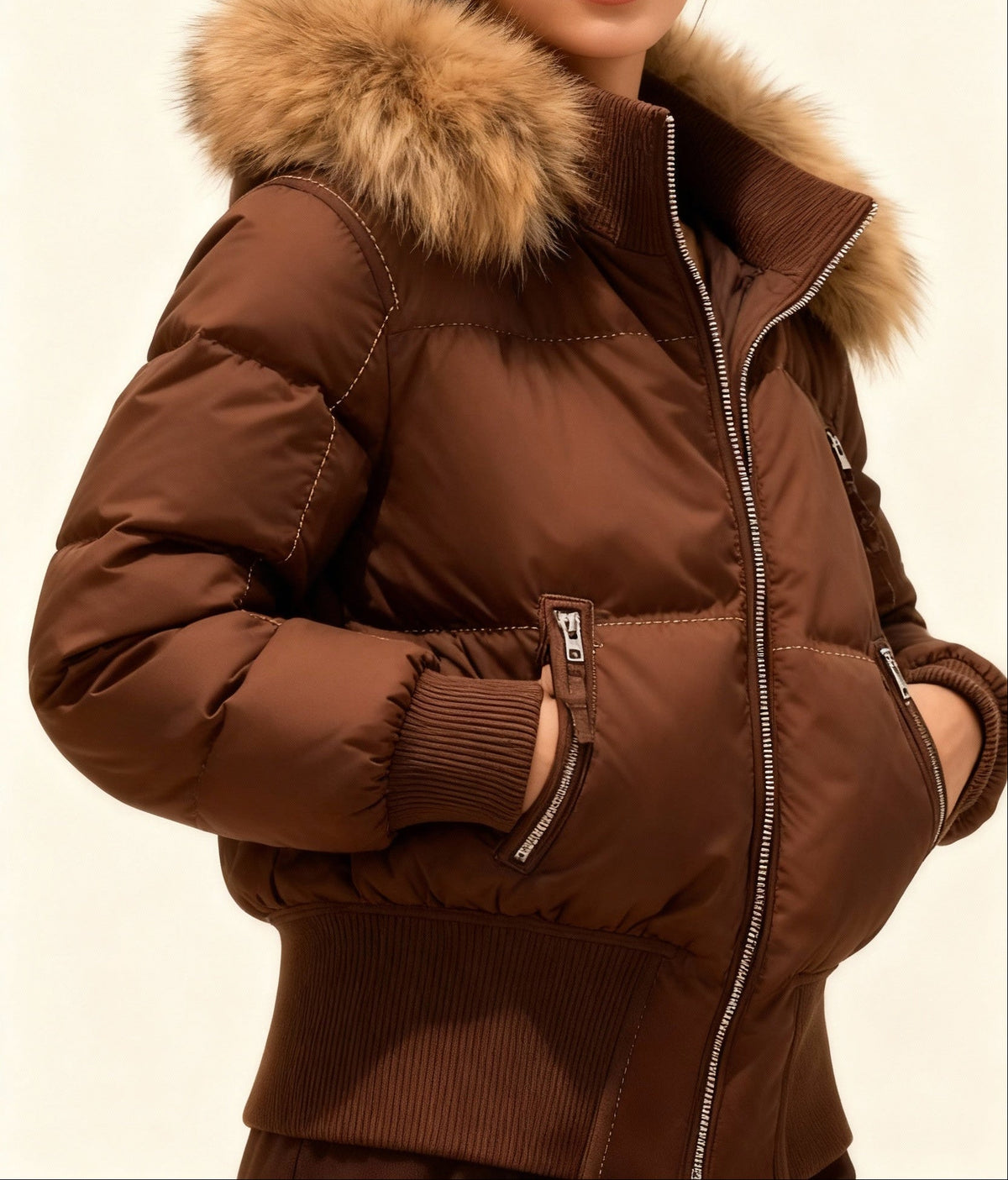 Women's Quilted Bomber Jacket with Plush-Trimmed Hood and Zip Front