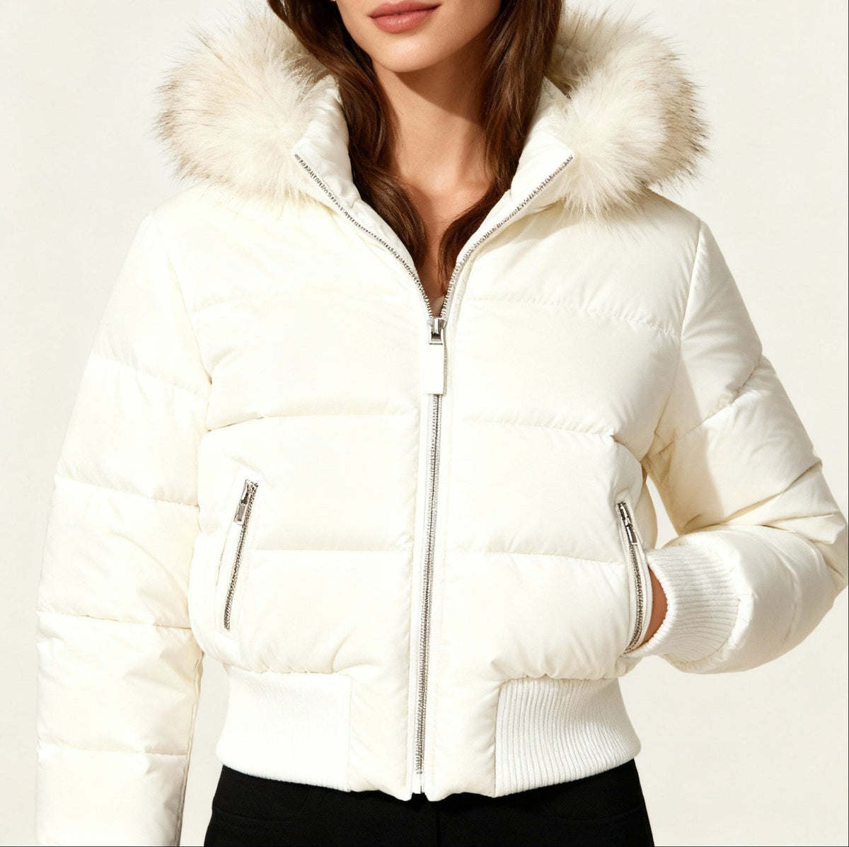 Women's Quilted Bomber Jacket with Plush-Trimmed Hood and Zip Front