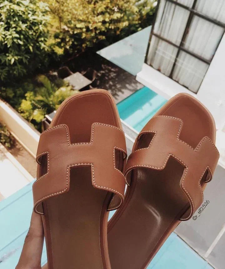 Women's Leather Slip-On H-Strap Low Heel Summer Sandals | Meave & Ivy