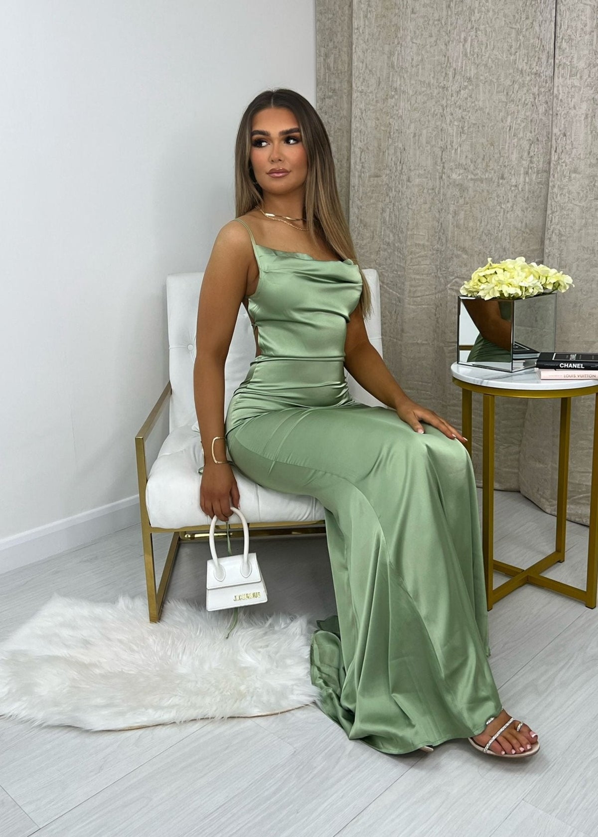 Satin Gown with Folded Neckline and Thigh Split