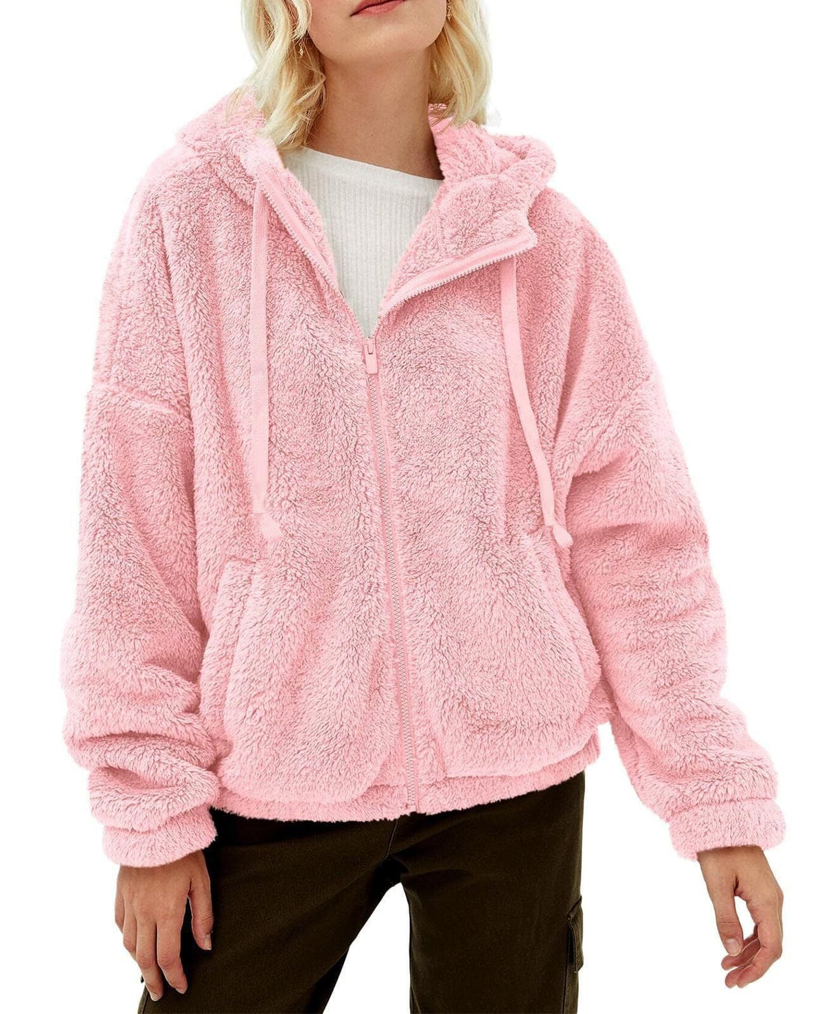 Women's Plush Fleece Zip-Up Hoodie with Adjustable Hood and Pockets