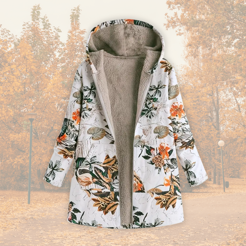 Women's Floral Fleece-Lined Hooded Jacket with Zip Front
