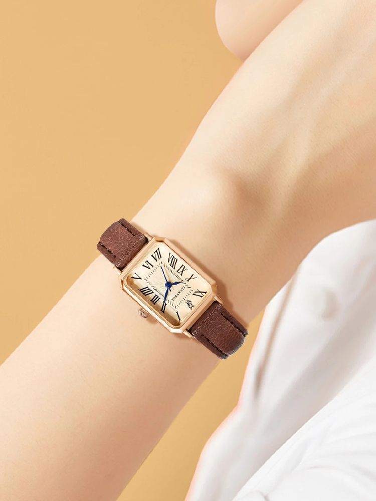Women's Gold Square Watch with Brown Leather Strap